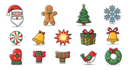 Set of Christmas icons, including Santa Claus, gingerbread man, tree, snowflake, and gifts