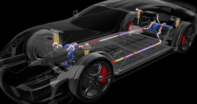 Electric sports car chassis displaying internal components and wiring diagram. Electric cars related 4K 3D Animation.