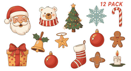 Festive Christmas Holiday Icons Collection Santa Claus, Ornaments, Gifts, and More