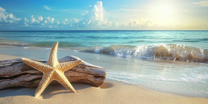 A starfish and driftwood on a sandy beach with the ocean in the background, under a clear blue sky with a few clouds.