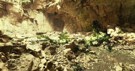 A vibrant canyon reveals its beauty with golden rocks bathed in warm sunlight. Lush greenery and gentle water flow create a tranquil atmosphere. This natural wonder invites exploration and adventure.