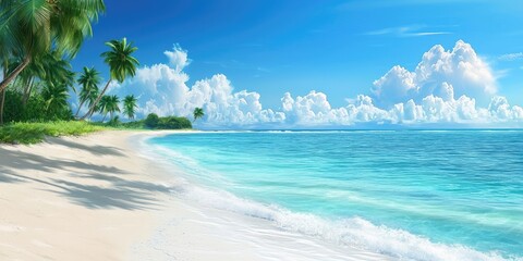 A serene tropical beach scene with white sand, turquoise water, and lush green palm trees under a clear blue sky with fluffy white clouds.