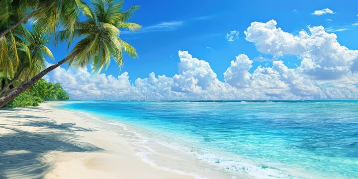 A serene tropical beach with white sand, turquoise water, and palm trees under a clear blue sky with fluffy white clouds.