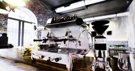 A polished espresso machine stands prominently on a wooden bar, gleaming under warm lights. The urban cafe buzzes with energy as baristas prepare delicious brews for eager customers.