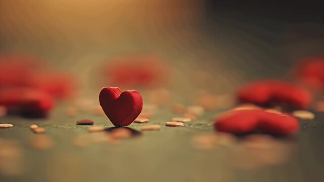 Close-up of tiny red heart-shaped objects resting on a reflective surface with soft bokeh