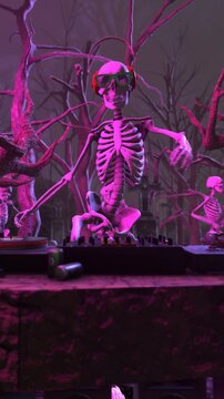 Seamless vertical video of a skeleton djing with turntables and bats flying around in a cemetery at night. Funny halloween background for parties and events.