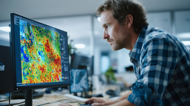 Focused data analyst examining colorful weather or climate map on computer screen in modern office.