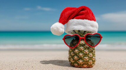 Pineapple wearing festive Santa hat and heart-shaped sunglasses sits on sandy beach, with ocean waves gently lapping in the background, showcasing a playful holiday spirit, camera slowly zooms in