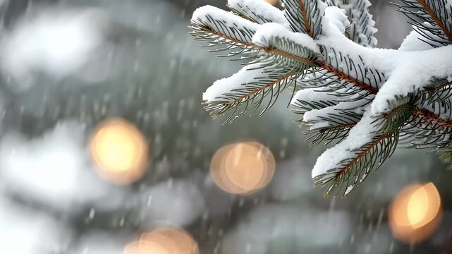 Close-Up Snow-Covered Pine Branches with Soft Warm Bokeh Lights in Winter