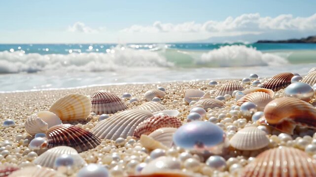 Close-up view of a sunlit shoreline scattered with colorful seashells along the beach