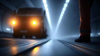Vehicle driving and worker figure in tunnel