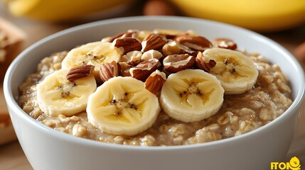 Delicious bowl of oatmeal topped with sliced bananas and nuts on a wooden table in a bright kitchen