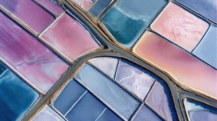 Colorful Aerial View of Geometric Salt Evaporation Ponds in Bloom