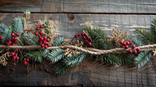 Macro composition of natural garland made from pine, berries, and twine on reclaimed wood wall, rustic eco Christmas design, off grid christmas cabin