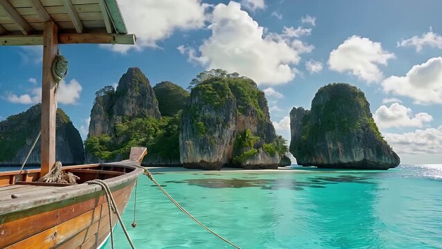 seamless looping backdrop of an exotic seascape a lush island featuring rocky precipices and transparent aquamarine ocean seen from the perspective of a rustic vessel a time-lapse animation video for