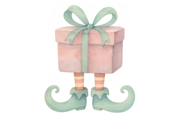 Pink gift box with green bow and elf legs wearing striped socks and pointy shoes, christmas present watercolor illustration