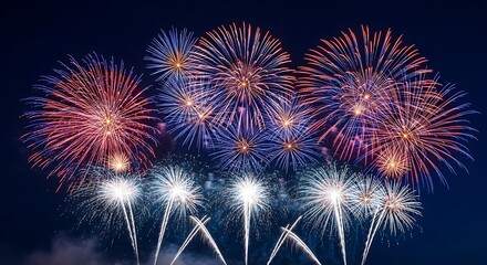 Beautiful colorful fireworks display on a dark blue background at night
