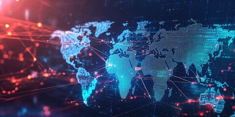 A digital world map with glowing nodes and lines, set against a dark background with a blue glow.