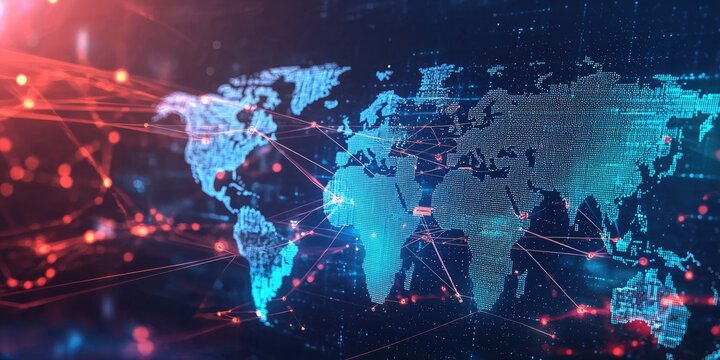 A digital world map with glowing nodes and lines, set against a dark background with a blue glow.