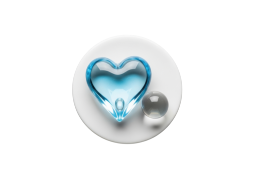 Translucent light blue heart (water droplet) on a white ceramic disc with a clear crystal orb, on transparent, bright studio light, 45-degree macro, elegant commercial product concept