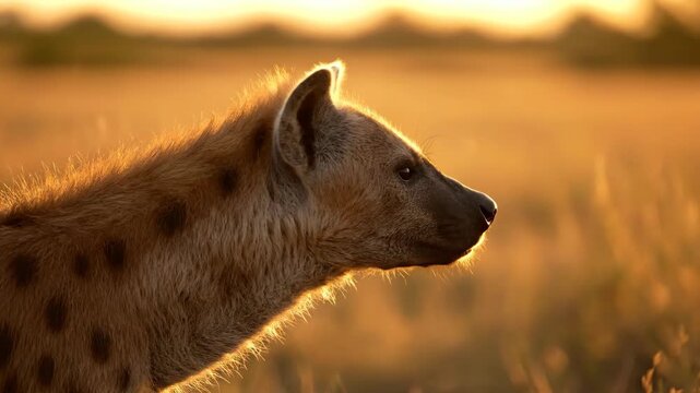 A spotted hyena is beautifully backlit by the warm glow of the setting sun in the savanna