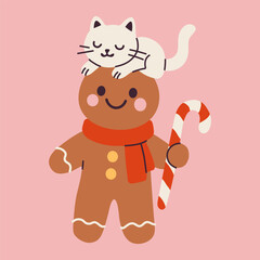 Obraz premium Cute Gingerbread Man with Cat and Candy Cane