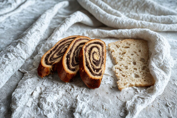 Sweet swirled bread and slice on textured cloth