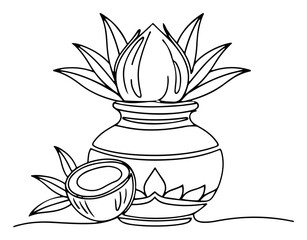 Kalash Line Art Vector for Hindu Puja. Continuous line drawing of traditional offering with coconut mango leaves and diya lamp. Indian festival symbol for Diwali or Navratri.