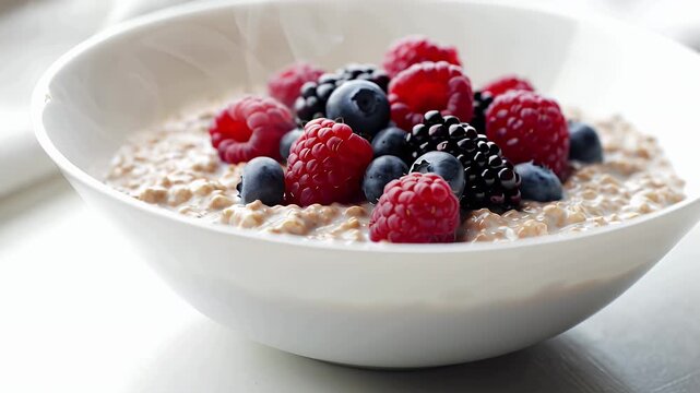 Colorful Berry Topped Oatmeal Bowl with Crunchy Granola and Morning Freshness