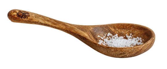 Rustic wooden spoon holding coarse white crystals