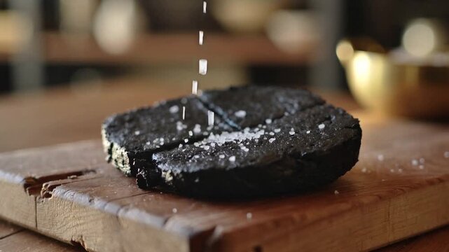 Macro sprinkle of sea salt falling over charcoal cheddar burger slice on rustic wooden board, dramatic bokeh depth and smoky contrast highlighting dark texture and gourmet detail.