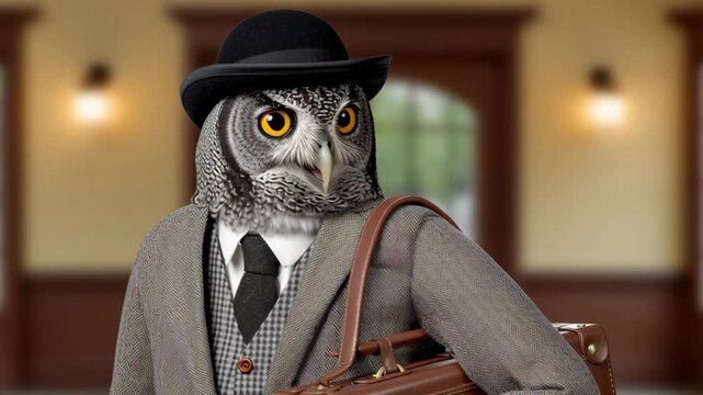 Owl dressed in formal attire with a bowler hat and briefcase, confidently posing in an elegant interior, showcasing character and charm, camera gradually zooms in for emphasis on expression