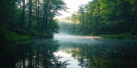 A serene, misty forest with a calm river flowing through it, surrounded by tall trees and a soft, golden light filtering through the branches.