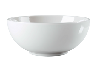 A simple white ceramic bowl with a smooth, curved shape on a black background