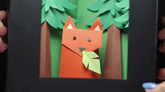 Colorful Papercraft Fox Nestled Among Green Tree Cutouts in a Mini Forest Scene