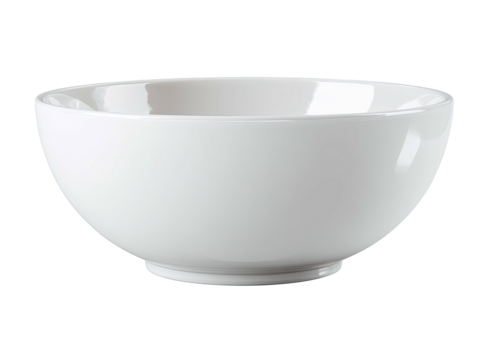 A simple white ceramic bowl with a smooth, curved shape on a black background