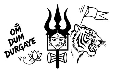 Hindu Goddess Durga Symbols Set with Trishul Tiger and Om Dum Durgaye Mantra Vector Graphic