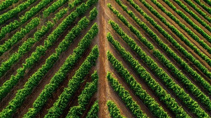 Beautiful aerial view of vibrant green vineyard rows in a sunny landscape.