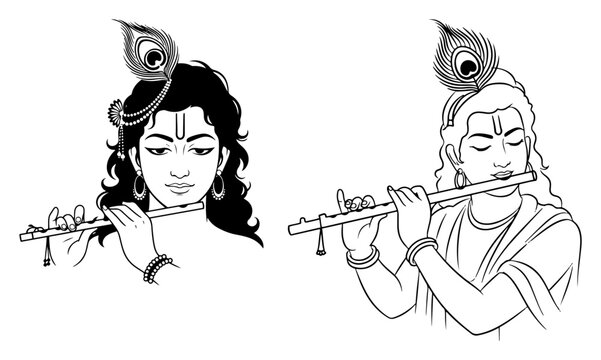 Lord Krishna Playing Flute Portrait Vector Set with Peacock Feather Hair Ornament
