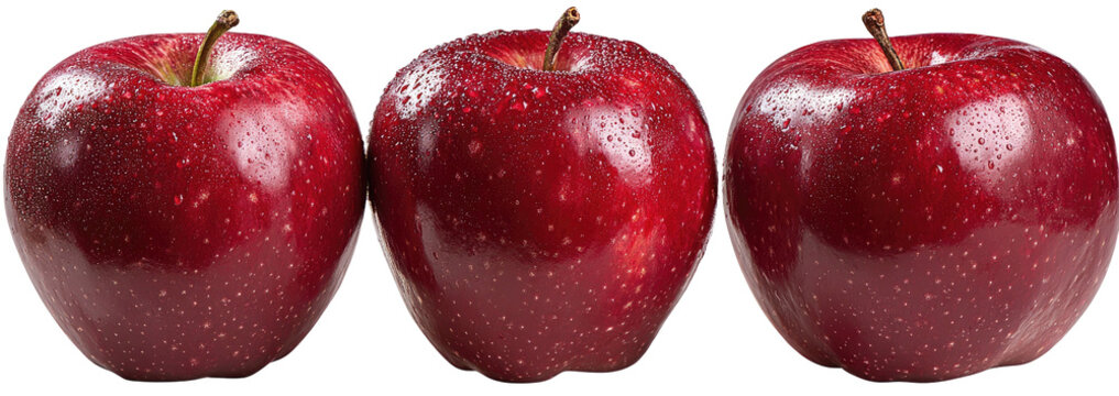 Three vibrant red apples with water droplets on black