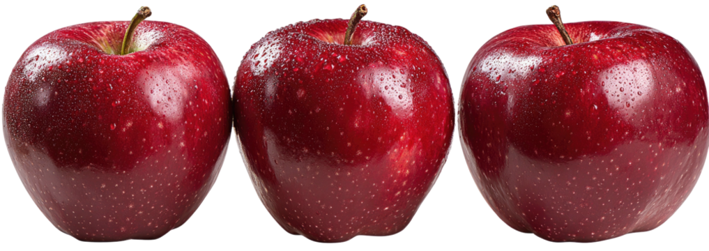 Three vibrant red apples with water droplets on black