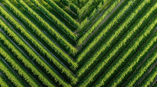 Geometric V-shaped patterns of a lush green vineyard from drone