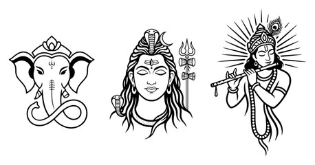 Hindu Gods Line Art Vector Set. Collection of Ganesha Shiva and Krishna head portraits. Minimalist Indian deity icons for spiritual logo or tattoo design.