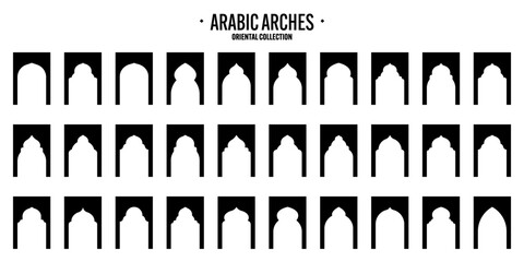 Islamic frames, oriental style objects. Arabic shapes, windows and arches. Traditional ornamental banner, frame. Muslim holidays, Ramadan Kareem. Modern eastern architecture. Vector illustration