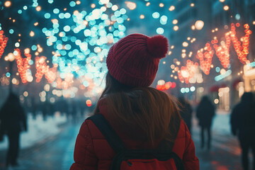 Dreamy Winter Night with a Person Admiring Sparkling Fireworks in Festive Holiday Atmosphere, Generative AI