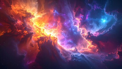 Fototapeta premium Vibrant cosmic nebula, fiery orange and cool blue hues collide