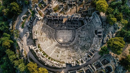 Fototapeta premium Grand ancient Roman amphitheater ruins captured from a dramatic aerial perspective.