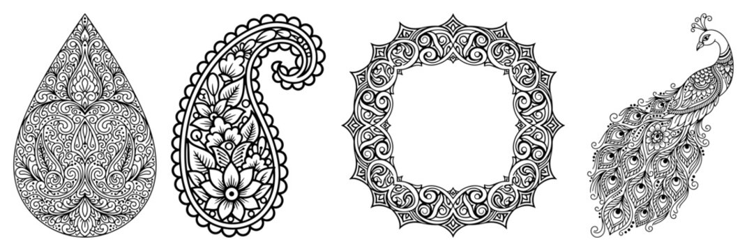 Indian Mehndi Design Elements Vector Set. Collection of decorative paisley peacock and ornamental frame with intricate floral patterns. Henna style tattoo art.
