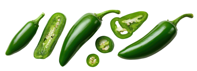 Collection of whole and sliced green jalape?o peppers