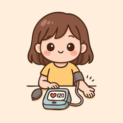 Woman checking her blood pressure kawaii style illustration